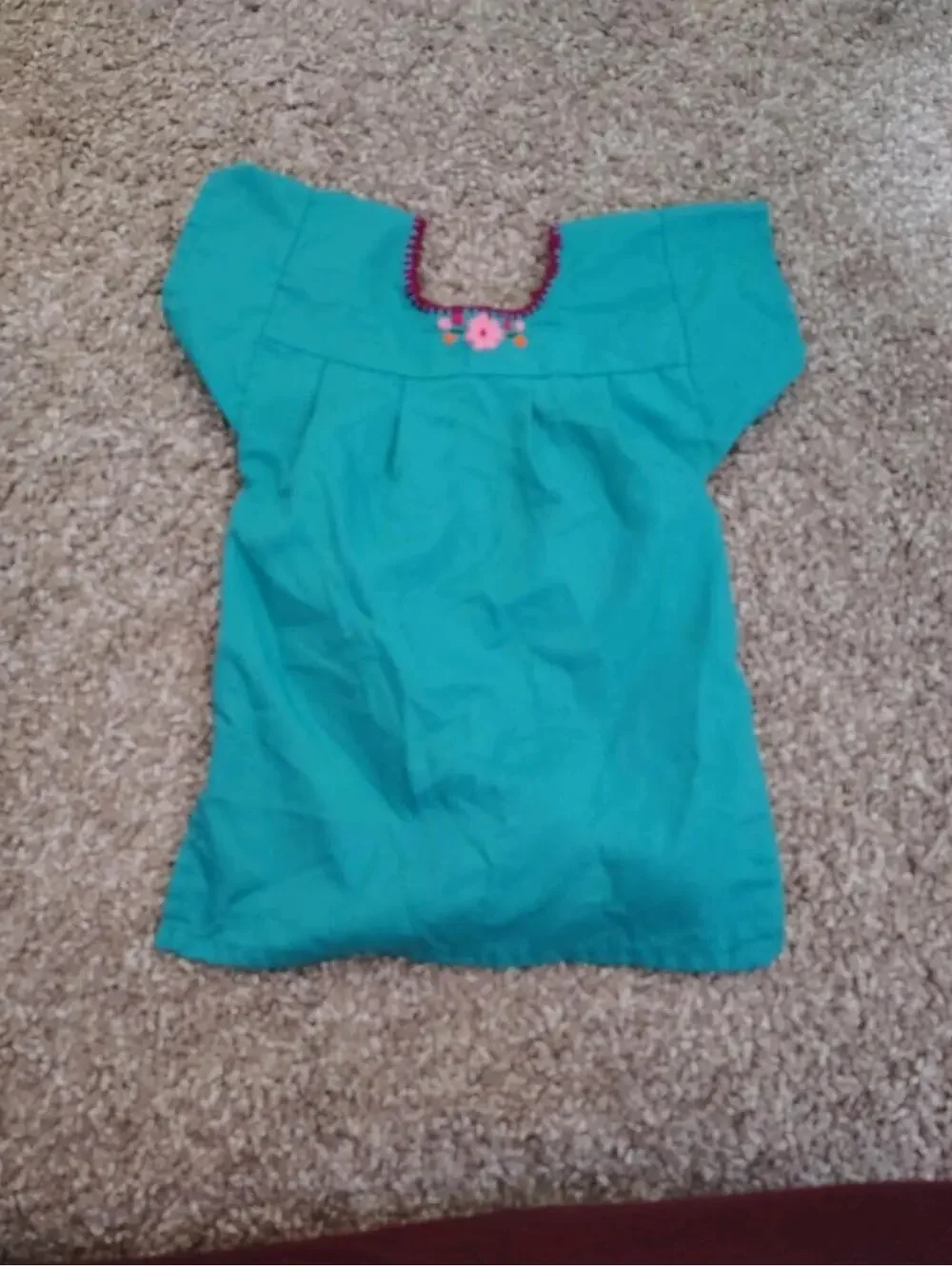 Baby Girl Mexican Dress Teal Green Floral 100% Cotton Embroidered 6-12 mo